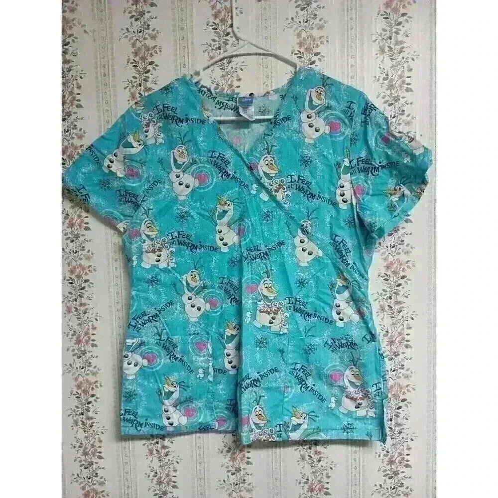 Disney Frozen Olaf Womens Medium Medical Scrub Uniform Top 'Feel Warm Inside'